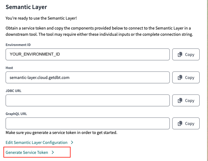 Access your Environment ID, Host, and URLs in your dbt Semantic Layer settings. Generate a service token in the Semantic Layer settings or API tokens settings