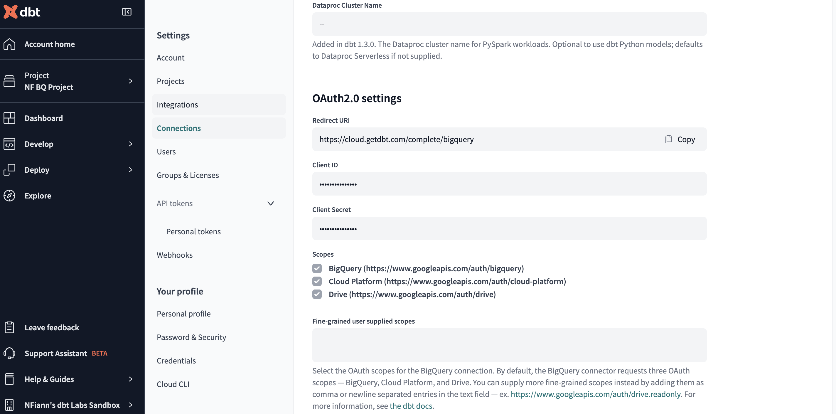 Accessing the BigQuery OAuth configuration in dbt