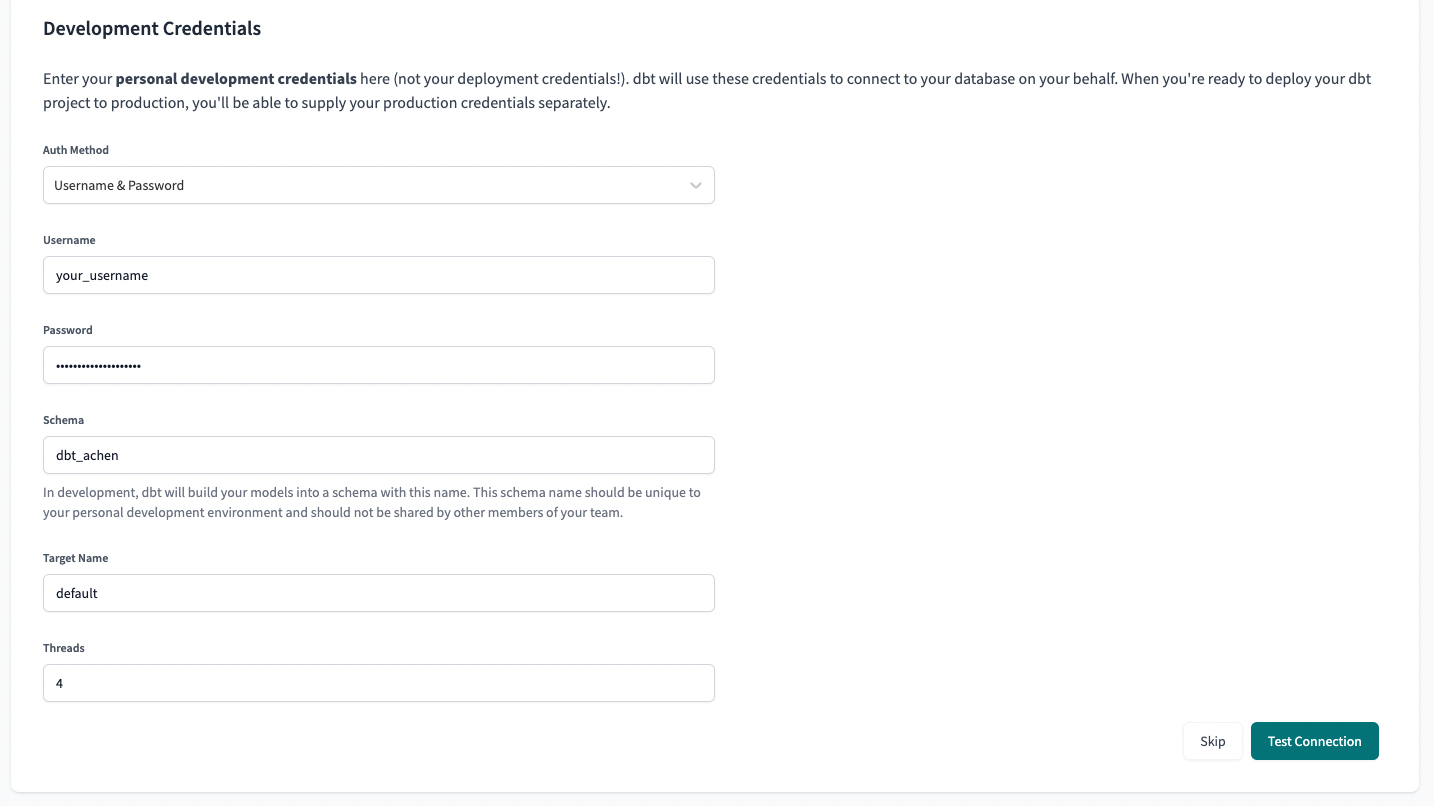 dbt - Snowflake Development Credentials